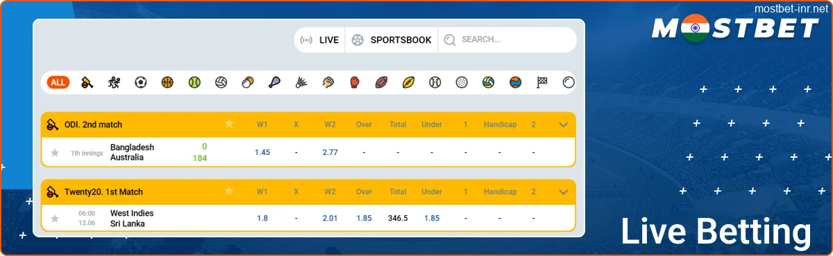 Live betting for Indian bettors at Mostbet